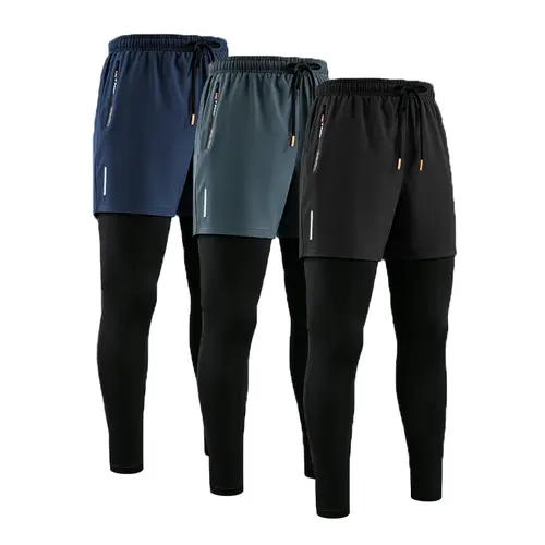 Men’s 2-in-1 Slim-Fitting Polyester-Elastane Blend Athletic Leggings - High Stretch, Quick Dry, Anti-Friction, Breathable, Plain, All Seasons, Multi-Functional Pockets (Father’s Day Gift for Active Dads) - Suitable for Gym, Jogging, Polyester Blend,sohoch