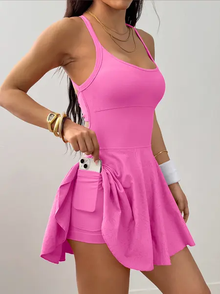 Women's Backless Solid Color Yoga Dress with Side Pockets & Subtle Floral Print on Skirt Part– Sleeveless Athletic Active Seamless Knitted Dress with Built-in Shorts for Workout, Tennis & Casual Wear