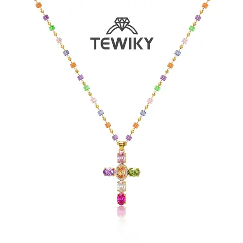 TEWIKY 14K Gold Plated Gold Spacer Beads / Multicolor Cubic Zirconia Cross Pendant Necklace, Jewelry Necklace, Fashion Accessory Gift, Women's Everyday Casual Match Item Back To School