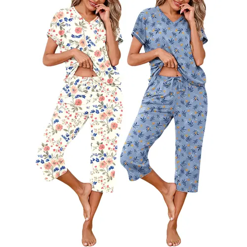 MARVMYS Women's 2-Pack Elegant Floral Deep V-Neck Short Sleeve Pajama Sets, Lightweight Capri Pants Women Loungewear with Pockets, Elastic Soft Cute Pajamas Home Outfits Nightwear