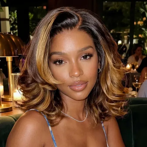 UNice Glueless 7x5 HD Lace Closure Wigs Human Hair, Side Part Balayage Highlights Golden Brown Body Wave Bob with Drawstring Natural Hairline Summer Wig,sohochic