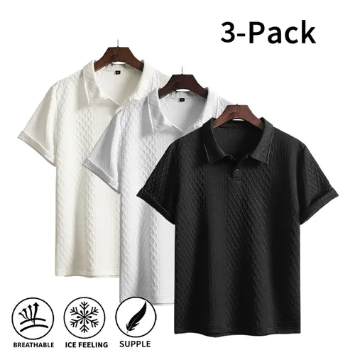 Men’s 3-Pack Cooling Polo Shirts - Menswear Fabric Button Tops, Stylish Soft Knit, Breathable Textured, Wrinkle-Resistant, Short-Sleeve Summer Smart Casual Shirts