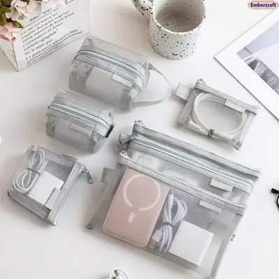 6PCS Mesh Zipper Organizer Pouches, Transparent Travel Storage Bags for Makeup, Chargers, Cables & Everyday Essentials, Lightweight Portable Tech & Cosmetic Organizer Set for School, Office & Vacation Travel