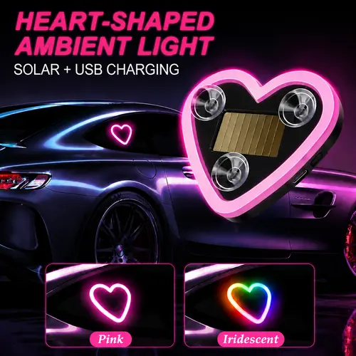 DIYCOM Solar-Powered Iridescent Heart Shape Auto Decorative Light, Multi-Mode Girly Cute Car Accessory for Car Decor, Camping Essentials