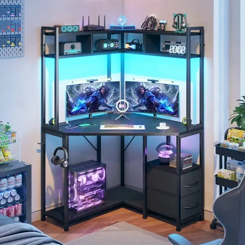 【Corner desk】Raybee 35.4"W x 63"H Sturdy Home-office Desk with Hutch & LED Lights, Triangle Corner Desk & Computer Desk with 2 Drawers for Storage & Shelves & Hook, Study Desk for Bedroom, Small Space gaming desk,perfect for tiny room space, Easy Assemble