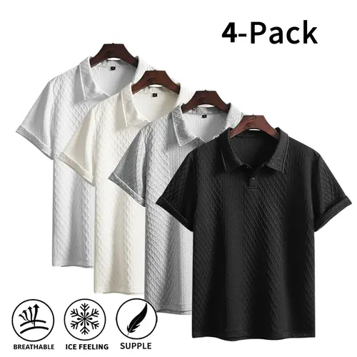 Men's 4-Pack Textured Fabric Polo Shirts - Soft Short-Sleeve Knitted Shirts, Breathable Wrinkle-Resistant Casual Button Menswear Tops, Male Clothing