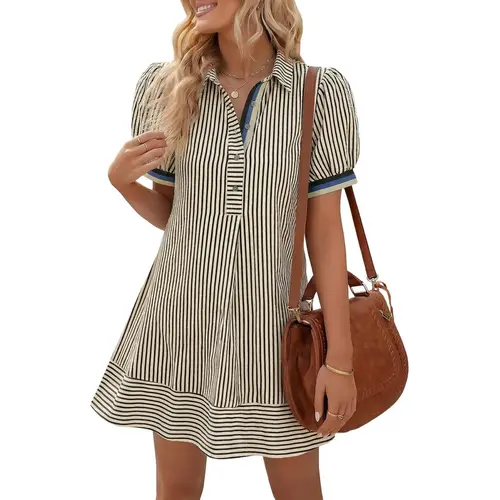Wenrine Women's Striped Short-Sleeve Collared Neck Casual Dress - Puff Sleeves, Cool Loose Fit, Half Buttons, Legs Show Mini, Pockets, Summer Womenswear Casual Wear
