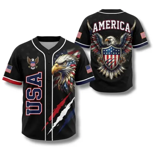 USA Eagle All Over Print Baseball Jersey, Patriotic Button Up Shirt, USA 250 Years Baseball Jersey, 1776–2026 Semiquincentennial Patriotic Jersey