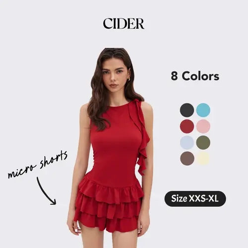 Cider Boat Neck Ruched Ruffle Hem Layered Micro Romper
