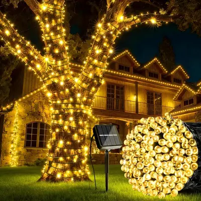 FLACCHI 39FT 100LED Solar-Powered Outdoor String Lights with Bulbs, Waterproof 8-Mode Fairy Lights for Patio to Garden Relaxing Glow Warm Cozy Home Improvement Decor, Solar Outdoor Lights, Warm Cozy Light