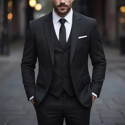 Men’s solid-color slim-fit three-piece suit set — formal business attire for groom/wedding, interviews, office, and commuting