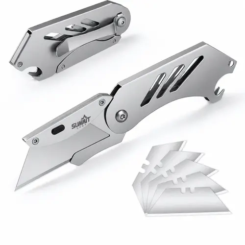 Summit Gear Mini Folding Stainless Steel EDC Utility Knife - Retractable Quick-Change Razor Box Cutter with 5PC SK5 Blades, Keychain for Fishing, Outdoorsmen Daily Use