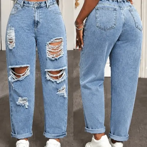 Women's Plus Size Curvy Ripped Denim Button Jeans, Fashionable Cuffed Straight Leg Jeans, Non-Elastic High Waist Design, Perfect for Casual Wear