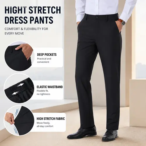 AMZPURE Men's Formal Stretch Menswear Pants - Flat Front, Wrinkle Free, Elastic Waistband, Office-Ready Look for Office Work Sohochic Style
