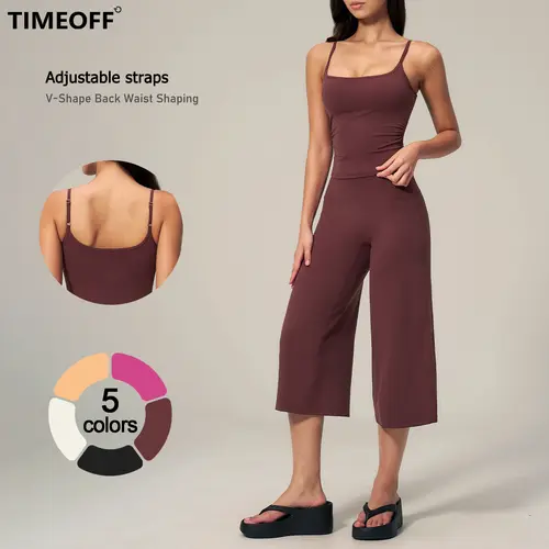 TIMEOFF Women's 2-Piece Activewear Workout Set - Soft Stretchy Gym & Athletic Yoga Loungewear with Adjustable Cami Top & Butt-Lifting Cropped Wide Leg Pants, Gym Workout Set