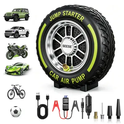 SEESE Tire Inflator Portable Air Compressor, 6000mAh Car Battery Jump Starter with LED light, 150 PSI Cordless Mini Air Bike Pump, Lightning Fast Inflation & Pressure Gauge for Auto, Motorcycles, Bikes, Balls