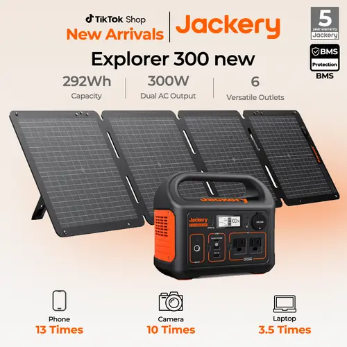 The new Jackery Explorer 300 portable power bank features a 292Wh lithium iron phosphate (LiFePO4) battery and a 300W AC output (Summervibes).