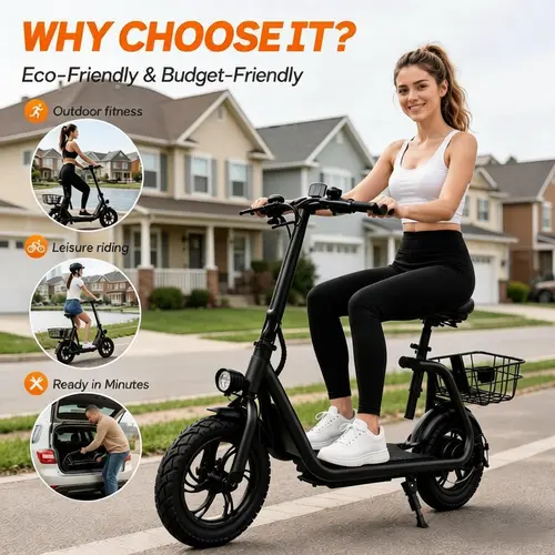 【Cyber Wheels】CW08 Commuter Motorized Scooter with Seat - Adjustable Seat, 20-Mile Range, Lightweight Foldable, Storage Basket, LED Lights, Unisex Sports & Outdoor Fitness Scooter Equipment, Fathers Day Gift