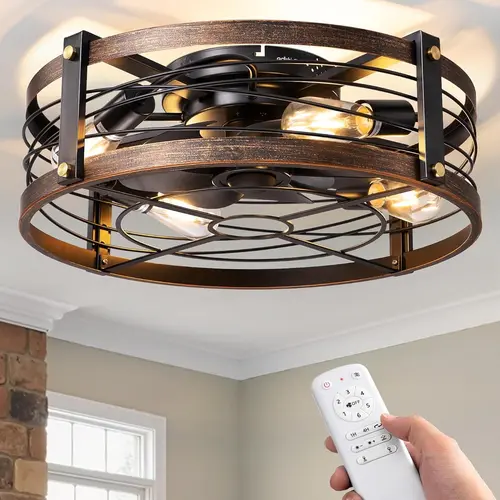 EDISHINE 21" Pre-Assembled Flush Mount Ceiling Fan with Dimmable Light, Brushed Gold Rustic Low Profile Metal Frame with DC Quiet Motor & Remote, Farmhouse Charm for Kitchen Bedroom