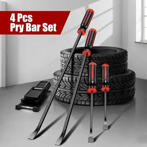Heavy-Duty 4-Piece Pry Bar Set with Thickened Impact Caps, Rubber Grip, Anti-Twist Hex Shafts, Mechanic Hand Tools for Auto Repair, Automotive Disassembly, Nail Pulling