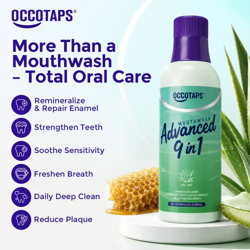 Occotaps Stain Whitening Mouthwash for Teeth Whitening + Fresh Breath with Essential Oils 237ml | Nano-Hydroxyapatite, Agave, Clove & Propolis Extract | Alcohol-Free, Fluoride-Free, Natural Organic Mouth Rinse