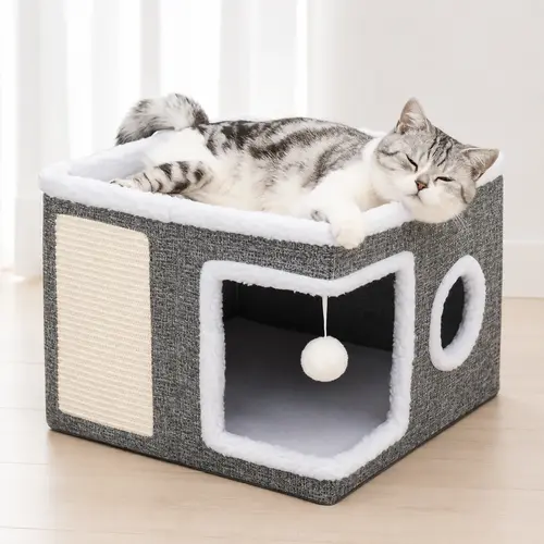 Foldable Small-Medium Cat House with Scratching Board - Fold for Storage, Cozy Resting, Cushion to Remove, Hanging Toy, Non-Slip Base, Indoor Cat Cave Bed for Window Use, Grey,sohochic