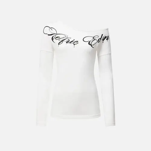 Aelfric Eden Off-The-Shoulder Rhinestone Script Long Sleeve Tee  Slim Fitted Silhouette Asymmetric Off-Shoulder Neckline Rhinestone Gothic Script Print High-Stretch Knit Fabric Y2K Edgy Streetwear Women Top, Graphic, Knitwear,sohochic