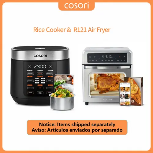 COSORI Compact Kitchen Appliance Bundle: R121 13Qt 11-in-1 Adjustable Temp Air Fryer Oven + 5Qt 18-in-1 Multifunctional Cooker, 18in1 cooking, 4 speed control, 8W All‑Day Use, 8w low power, 1800w, DC Motor-VortexAir Tech, 13.5"D × 13"W × 14.5"H, 15.4 lb