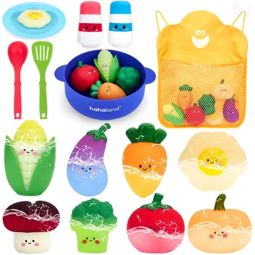 hahaland Unisex Color Changing Vegetable Soup Bath Toy Set for Toddlers 12m+, 15-Piece Set with Veggies, Pot, Spoon, Mesh Storage Bag, No-Hole Mold-Free Smooth Plastic Easy-Grip All-Seasons Playset, Gift (Color Change in 95°F+ /35°C+ Water)