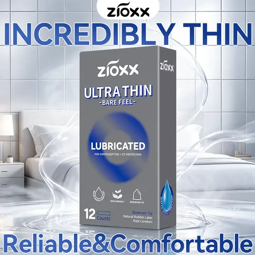 Zioxx 12ct Ultra Thin Latex Condoms - Smooth, Plain, Moisturizing Coat, Standard Fit, Bare Feel Lubricated Male Contraceptives, 52mm Natural Rubber Reservoir Tip, 175mm Length, No Heat Transfer Flaw, Personal Protection & Care#sohochic