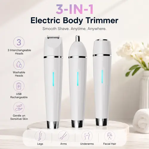 Women's 3-in-1 Cordless Rechargeable Shaver Machine - USB Rechargeable, 3 Replaceable Heads, Rotary Bottom Switch, Daily Body Hair Removal for Legs, Underarms, Abs, Personal Care Beauty Appliance