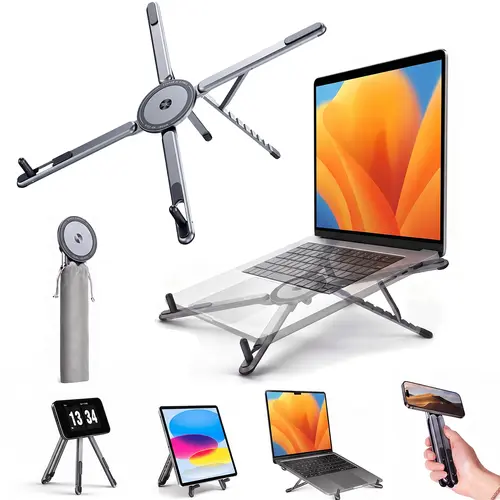3-in-1 Folded Aluminum Alloy Laptop Stand for Desk - 8-Level Height Adjustable, Portable Slim Magnetic Desktop Riser, Fits Phones/Tablets/Kindle, Velvet Accessory Compatible with Backpacks, Office Computer Desk Gear