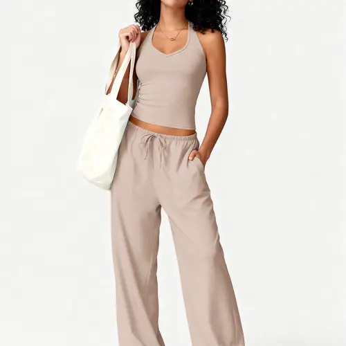 Women’s solid-color two-piece set: sleeveless cropped tank top with drawstring and loose, drapey wide-leg long pants; relaxed straight-leg loungewear—fashionable casual home wear suitable for yoga, commuting, shopping, and travel; versatile women’s two-pi