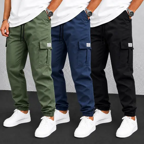 URMCZ Men's Tactical Fitted Plain Polyester Cargo Work Pants - Slim Fit, Lightweight Quick-Dry, Elastic Waist, Multi-Pocket, Easy to Style for Outdoor Hiking & Office Wear