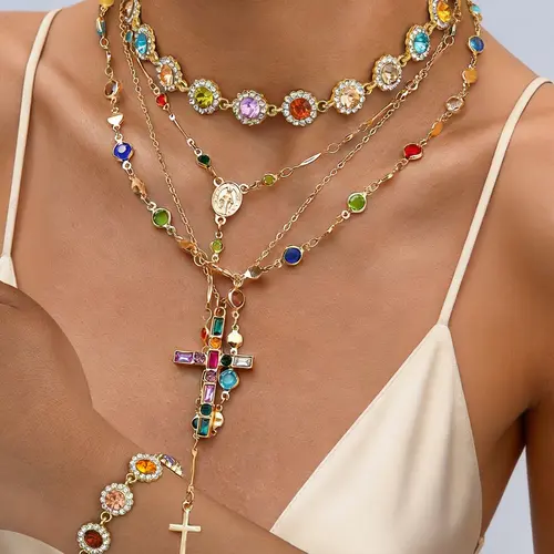 5-Piece Rhinestone Jewelry Set, Elegant Cross Pendant Y-Shape Layered Necklace & Bracelet, Women's Daily Wear & Party Gift, Bridal Jewelry Set For Wedding, Bridal Wedding Matching Jewelry