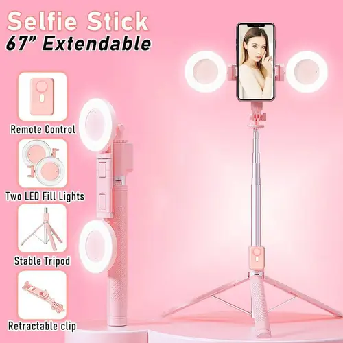 Portable 67in/1.7m Selfie Stick Tripod with 360° Framing Spin Dual Fill Lights, Wireless Remote, Hands Free, Tripod for iPhone, iOS & Android Smartphone Accessory, Vlog Stand, Gift Option, Cable