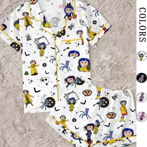 Women's Fantasy Adventure Cartoon Girl Print Pajama Set, Short Sleeve Open Front Two‑Piece Sleepwear, Gothic Style, Cozy Pjs