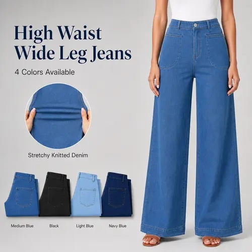 DLOODA Women's High-Waist Wide-Leg Jeans, Super Stretchy Loose Straight Leg Denim, Casual Baggy Ankle-Length Trousers with Pockets, Clothes, Baggy Wide Leg Jeans,clothes for back to school,first day of school outfits,sohochic