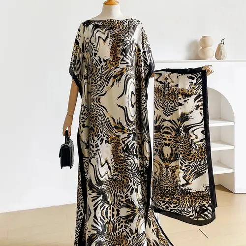 2-Piece Leopard Print Shawl Set, Elegant Fitted Cape and Headscarf, Sun Protection Scarf for Beach, Summer Coverup, Beachwear Cover Up, All-Season Fashion Accessory