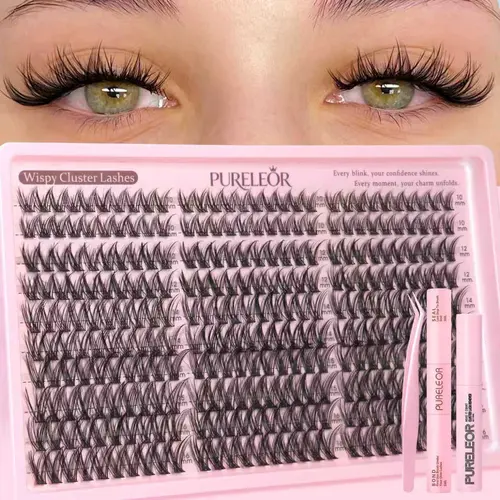 PURELEOR Lash Clusters Kit Wispy Cluster Lashes Natural DIY Eyelash Extensions 10-16mm 300pcs C Curl Individual Eyelashes Extension