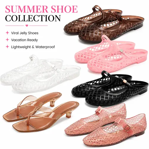 [BUY 2 GET 1 FREE] Women's Summer PVC Jelly Shoes Collection - Kitten Heel Sandals, Square Toe Mesh Flats, Mary Jane Shoes with Lightweight, Flexible & Comfortable Fit,sohochic
