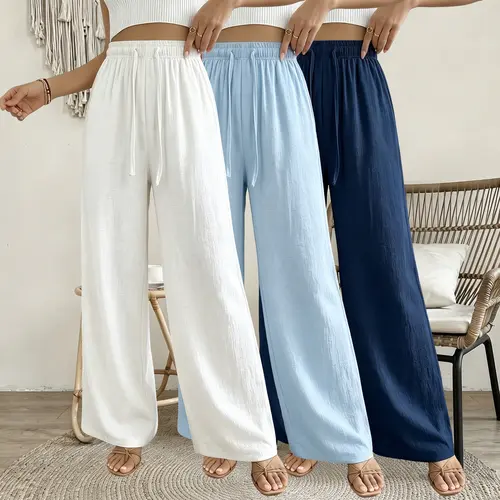 Women’s 3 Pack Summer Loose Casual Pants – Elastic Waist Drawstring Wide Leg Pants with Pockets, Lightweight Loose Loungewear Pants