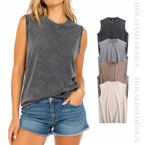 Holafish Women’s Minimalist Aesthetic Preppy Korean H-Type Acid Wash Cotton Sleeveless Crew Neck Tank Tops - 1/3 Pack Soft Lightweight Breathable Hang Dry Shirts for Gym, Casual Street Style Wear, Fit