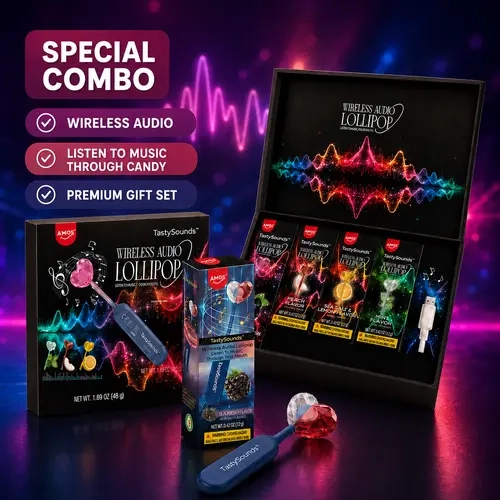 AMOS TastySounds Wireless Audio Lollipop Gift Set, Listen to Music Through Candy, MultiFlavor Novelty Candy Combo with Rechargeable Audio Device for Gifts