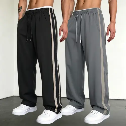 Men's Baggy Retro Colorblock High-Street Sweatpants - 2PCS Gym Activewear Tracksuit Bottoms, Casual Comfy Sporty, Loose Baggy Drapey Fit, Stripe Patchwork, Lightweight, Multi-Color for Spring & Summer, Men's Clothing,sohochic