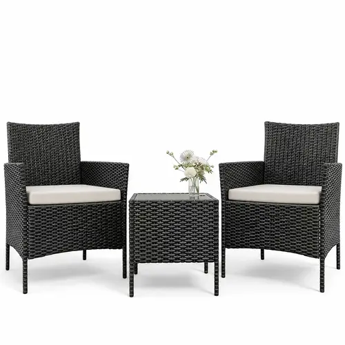 Garvee Modern 3-Piece PE Rattan Wicker Outdoor Furniture Set, 2 Chairs with Coffee Table, All-Weather Conversation Set, Space-Saving for Porch, Garden, Assembly Required
