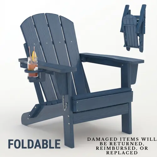 【Summer Sale】Folding Adirondack Reclining Patio Chair - All-Weather HDPE Textured Lawn Chair with Wooden Texture, Cup Holder, Patio Porch Furniture for Garden, Deck