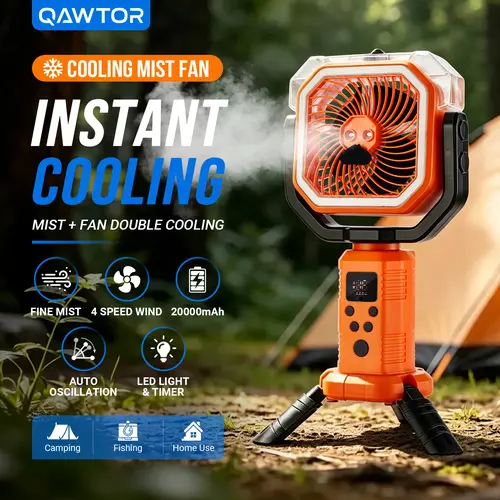 Qawtor 2026 New Upgraded Portable Camping Misting Fan with LED Light, Rechargeable Batteries, USB Port, Strong Mist Spray, Tripod, Hanging Hook, Telescopic Stand, Digital Display, Multi-Speed, for Outdoor Activities