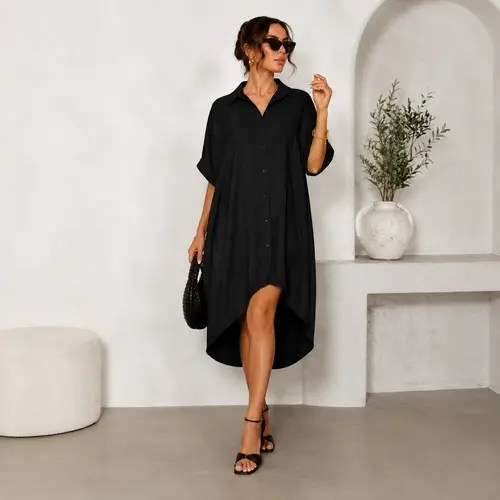 Elengatine Women's Sexy Black Shirt Dress - Trending Clothes, Classic Turn-Down Collar Button-Up, Short Sleeve Midi Length, Stretchy 95% Poly, Curved Split Hem, A-Line Easy Coverage, Easy Style for Casual Meetups, Baddie Aesthetic Streetwear