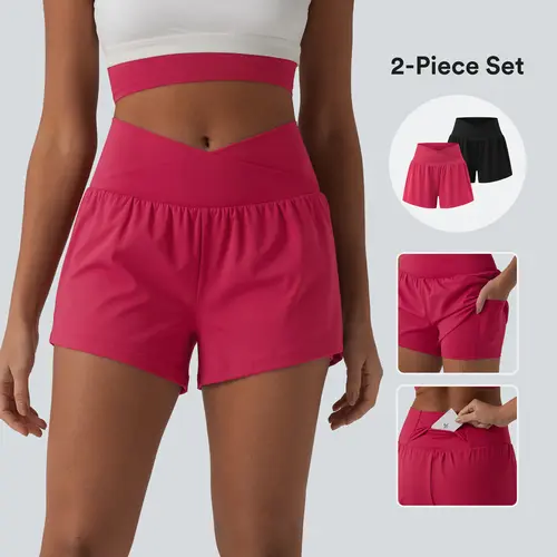 Halara 2-Piece SoftlyZero Airy Crossover High Waisted 2-in-1 InstantCool Yoga Shorts 3'' with Pockets Set #BackToSchool